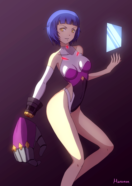 Anime picture 744x1052 with original thousand characters project (hananon) hilda (thousand characters project) hananon single tall image fringe short hair breasts light erotic simple background yellow eyes blue hair legs girl bodysuit android