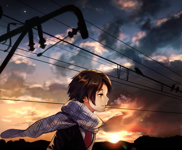 Anime picture 2000x1659 with original minami haruya single highres short hair brown hair brown eyes sky cloud (clouds) profile sunlight evening sunset boy necktie scarf power lines