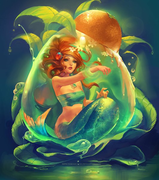 Anime picture 1024x1154 with original sakimichan single long hair tall image brown hair green eyes signed realistic girl flower (flowers) plant (plants) water pendant bubble (bubbles) mermaid orange (fruit)