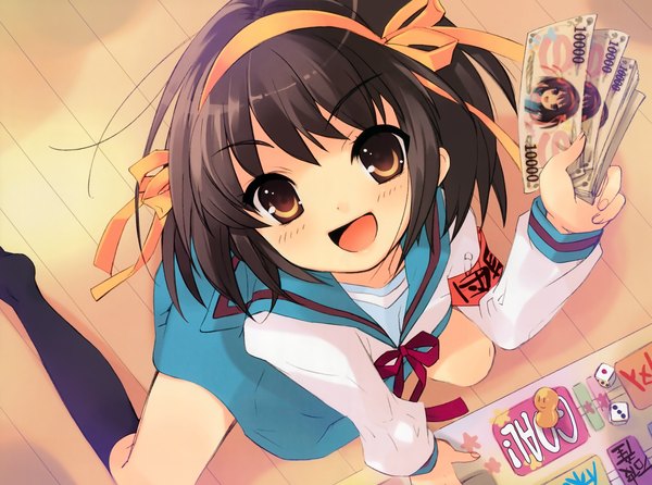 Anime picture 6265x4666 with suzumiya haruhi no yuutsu kyoto animation suzumiya haruhi itou noiji highres brown hair brown eyes scan official art girl serafuku