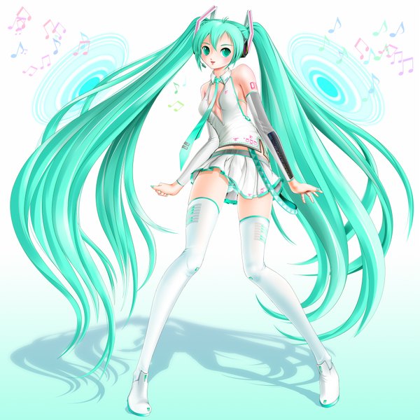 Anime picture 1920x1920 with vocaloid hatsune miku miharin (artist) long hair highres twintails green eyes cleavage nail polish green hair girl thighhighs detached sleeves miniskirt white thighhighs necktie