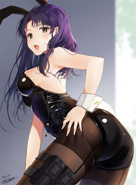 Anime picture 700x953 with neon genesis evangelion gainax katsuragi misato dr poapo single long hair tall image blush breasts open mouth light erotic brown eyes animal ears blue hair ass tail animal tail looking back bunny ears bunny girl