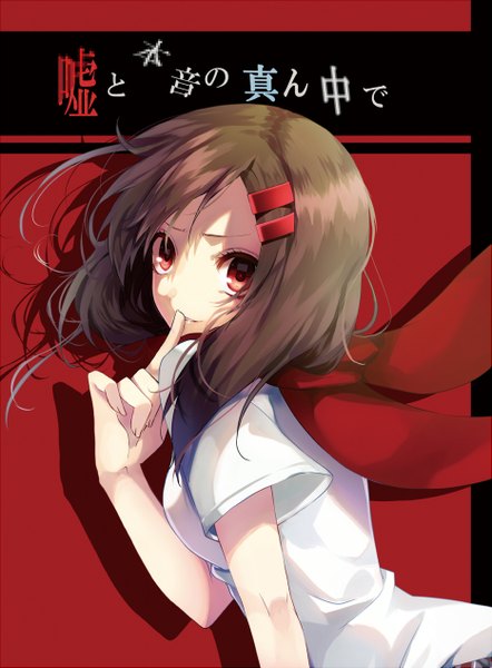 Anime picture 933x1265 with kagerou project shaft (studio) tateyama ayano ri-rihoo single long hair tall image looking at viewer red eyes brown hair wind inscription finger to mouth red background girl uniform hair ornament school uniform hairclip scarf