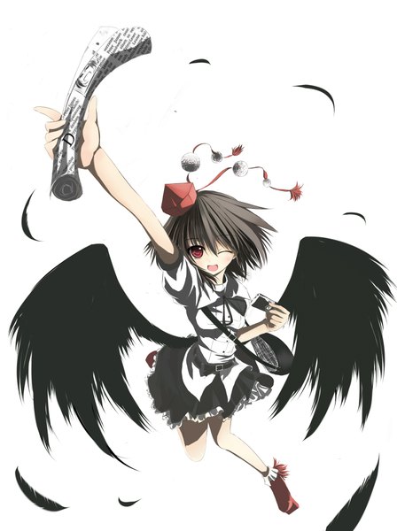 Anime picture 3174x4251 with touhou shameimaru aya dreamlight2000 single tall image fringe highres short hair simple background hair between eyes red eyes brown hair white background full body one eye closed from above wink black wings girl skirt