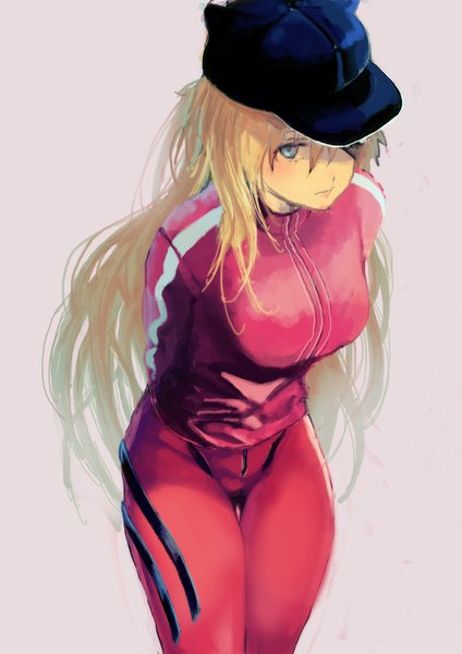 Anime picture 1240x1754 with neon genesis evangelion gainax soryu asuka langley hyotan (artist) single long hair tall image looking at viewer blue eyes blonde hair simple background hands behind back girl eyepatch cap track jacket