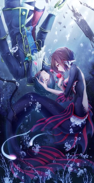 Anime picture 850x1650 with vocaloid kaito (vocaloid) meiko chabane tall image short hair breasts open mouth smile red eyes brown hair blue hair looking away eyes closed nail polish alternate costume couple scar bare back underwater