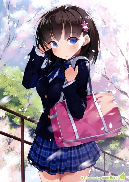 Anime picture 2547x3600 with girls, girls, girls! 10 (artbook) nauribon single tall image looking at viewer blush highres short hair blue eyes black hair scan official art cherry blossoms girl skirt uniform plant (plants) school uniform petals tree (trees)