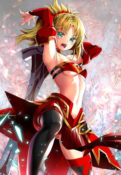 Anime picture 1000x1446 with fate (series) fate/grand order fate/apocrypha mordred (fate) suishougensou single tall image looking at viewer blush fringe highres short hair breasts open mouth light erotic blonde hair standing holding green eyes payot