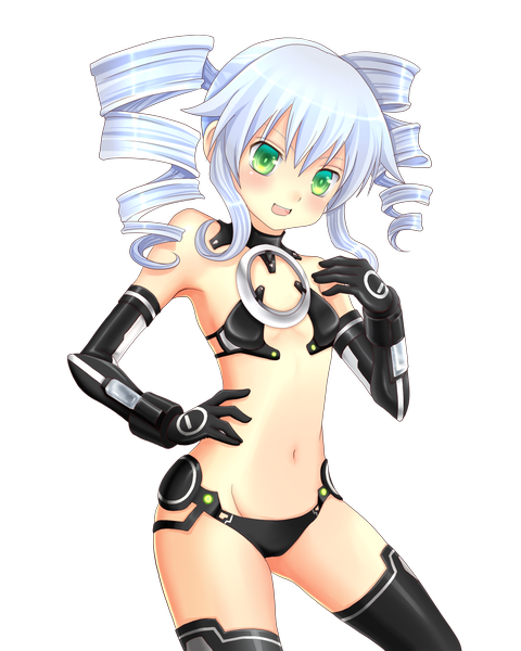 Anime picture 1024x1280 with choujigen game neptune black sister mon tomo single tall image blush open mouth light erotic green eyes white hair drill hair transparent background girl thighhighs gloves navel black thighhighs elbow gloves