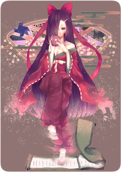 Anime picture 1200x1697 with mirai nikki kasugano tsubaki loxcia single long hair tall image fringe red eyes sitting bare shoulders purple hair traditional clothes japanese clothes barefoot light smile hair over one eye off shoulder girl hair ornament flower (flowers)