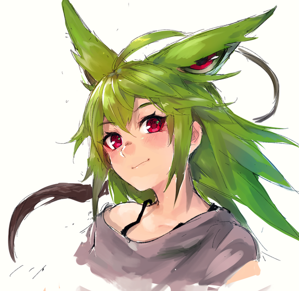 Anime picture 1600x1556 with original maido mido single long hair looking at viewer blush smile red eyes bare shoulders animal ears upper body ahoge head tilt green hair wind fox ears fox girl portrait girl