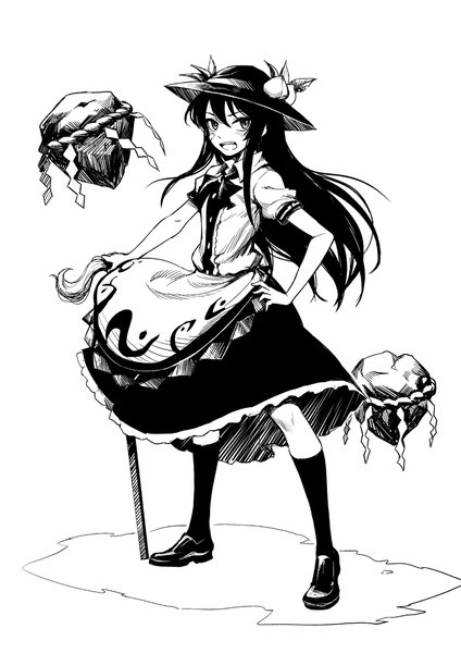 Anime picture 1488x2104 with touhou hinanawi tenshi fkey single long hair tall image looking at viewer fringe open mouth simple background standing white background full body short sleeves puffy sleeves hand on hip monochrome girl skirt weapon