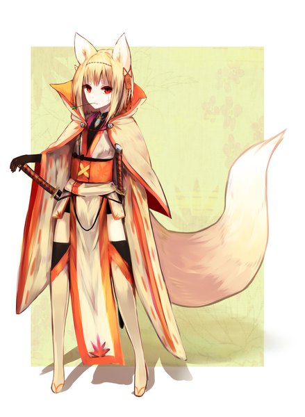 Anime picture 800x1093 with original ichibi (sukemyon) suke sukemyon single tall image looking at viewer short hair blonde hair red eyes standing holding animal ears tail traditional clothes japanese clothes animal tail fox ears mouth hold border