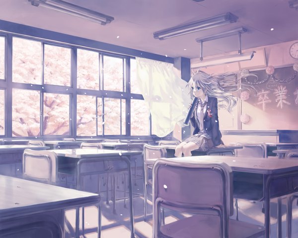 Anime picture 3000x2400 with vocaloid ia (vocaloid) susie single long hair fringe highres blue eyes sitting holding ahoge braid (braids) wind shadow cherry blossoms hieroglyph open collar classroom graduation girl