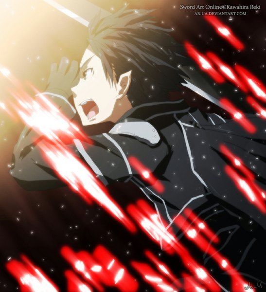 Anime picture 1000x1095 with sword art online a-1 pictures kirigaya kazuto ar-ua single tall image short hair open mouth black hair profile pointy ears black eyes coloring light screaming boy gloves cloak