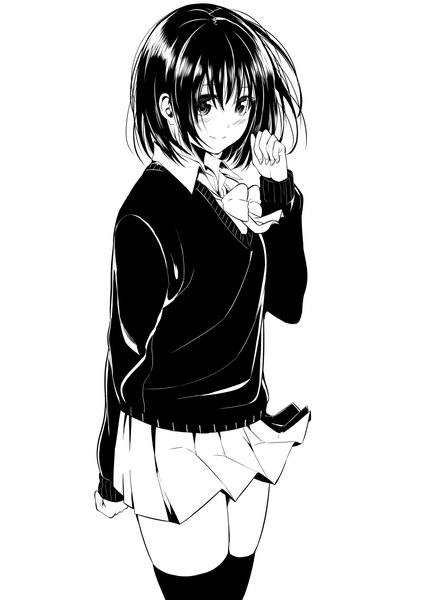 Anime picture 992x1403 with original nishigori atsushi single tall image looking at viewer blush short hair black hair simple background smile standing white background pleated skirt wind grey eyes monochrome girl thighhighs skirt uniform