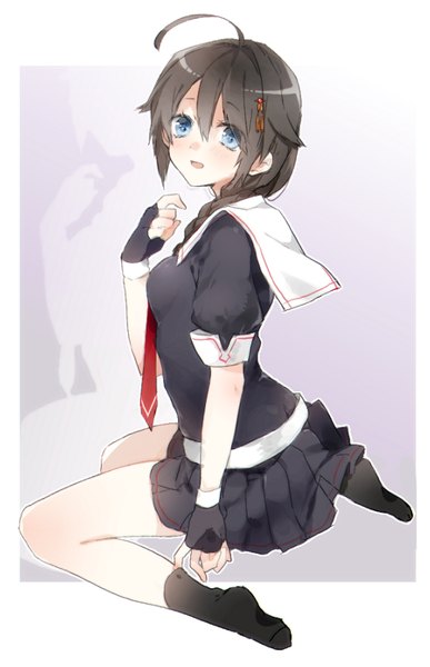 Anime picture 558x864 with kantai collection shigure destroyer sino (sionori) single long hair tall image blush open mouth blue eyes black hair hair between eyes sitting ahoge braid (braids) from above single braid border looking up outside border remodel (kantai collection)