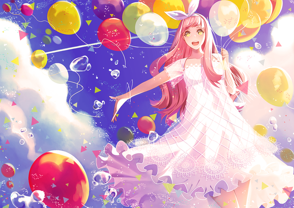Anime picture 1200x849 with original persona92 (orichie) single long hair looking at viewer fringe yellow eyes pink hair sky cloud (clouds) sunlight outstretched arm happy shiny girl dress white dress bubble (bubbles) balloon