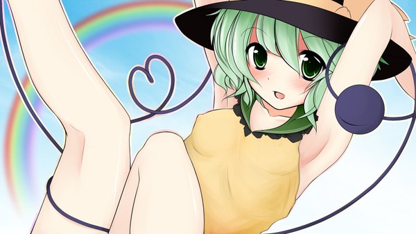 Anime picture 1920x1080 with touhou komeiji koishi bakko (artist) highres short hair open mouth wide image green eyes green hair girl hat rainbow