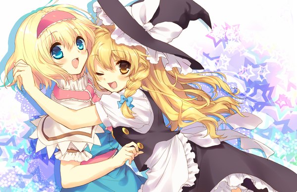 Anime picture 1500x974 with touhou kirisame marisa alice margatroid nozumi (artist) long hair short hair open mouth blue eyes blonde hair multiple girls yellow eyes braid (braids) one eye closed wink witch girl skirt bow 2 girls hairband