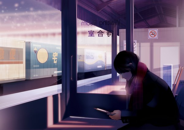 Anime picture 1132x800 with original kinume (artist) single black hair indoors profile inscription hieroglyph snowing winter snow cold no smoking girl scarf coat phone train station