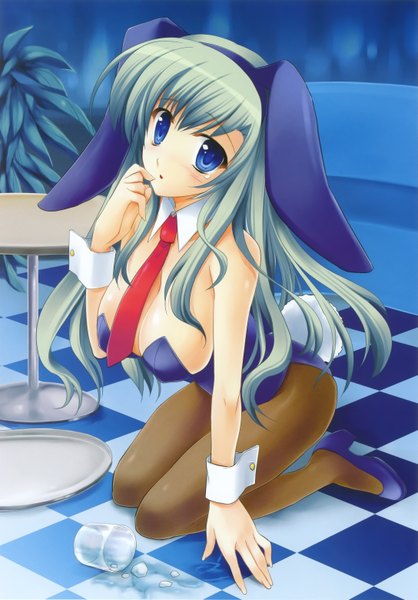 Anime picture 2174x3119 with ariko youichi long hair tall image highres blue eyes light erotic animal ears green hair bunny ears bunny girl checkered floor bunny tail girl table bunnysuit