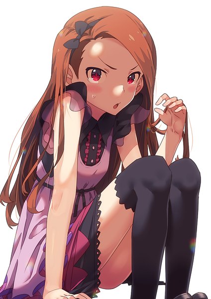 Anime picture 849x1200 with idolmaster minase iori narumi arata single long hair tall image looking at viewer blush open mouth simple background red eyes brown hair white background sitting bent knee (knees) arm support :o short sleeves sweat zettai ryouiki