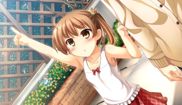 Anime picture 2660x1540 with sinclient reesaa blush highres short hair brown hair wide image brown eyes game cg loli pointing girl child (children)