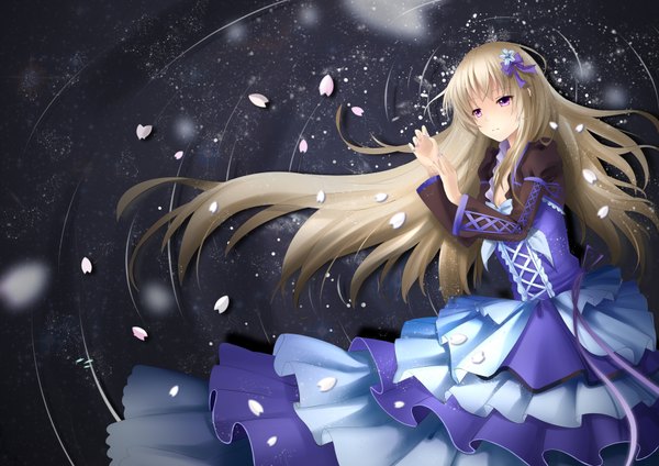 Anime picture 3507x2480 with original yeluno meng single long hair looking at viewer highres blonde hair purple eyes absurdres girl dress hair ornament petals