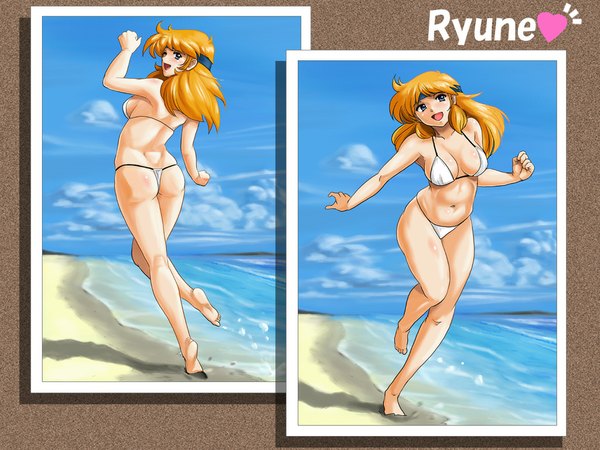 Anime picture 1024x768 with super robot wars lune zoldark light erotic blonde hair swimsuit bikini headband white bikini thong bikini funky-harem