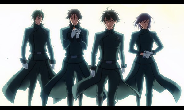 Anime picture 1500x900 with mobile suit gundam mobile suit gundam 00 sunrise (studio) tieria erde setsuna f seiei lockon stratos allelujah haptism short hair simple background red eyes brown hair wide image white background brown eyes looking away eyes closed green hair multiple boys group smoking