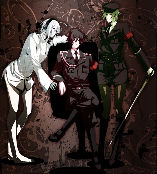 Anime picture 2927x3242 with togainu no chi nitro+chiral shiki (tnc) akira (tnc) naitou-kun long hair tall image looking at viewer highres short hair black hair simple background red eyes standing sitting silver hair white hair barefoot green hair grey hair