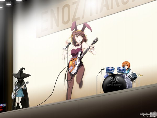 Anime picture 1600x1200 with suzumiya haruhi no yuutsu kyoto animation suzumiya haruhi nagato yuki okajima mizuki bunny girl witch music enoz girl microphone bunnysuit guitar drum set