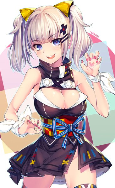 Anime picture 1100x1800 with virtual youtuber the moon studio kaguya luna akanagi youto single tall image looking at viewer fringe short hair breasts light erotic large breasts twintails purple eyes bare shoulders payot cleavage silver hair nail polish dated