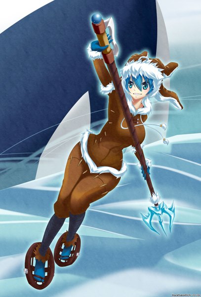 Anime picture 1019x1500 with league of legends fizz (league of legends) blackrabbit0626 single tall image short hair blue eyes blue hair looking away genderswap girl headdress ice trident whale