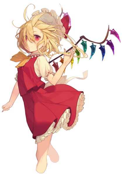 Anime picture 861x1216 with touhou flandre scarlet kitada mo single long hair tall image looking at viewer fringe simple background blonde hair smile red eyes white background wind hair over one eye walking girl skirt wings bonnet