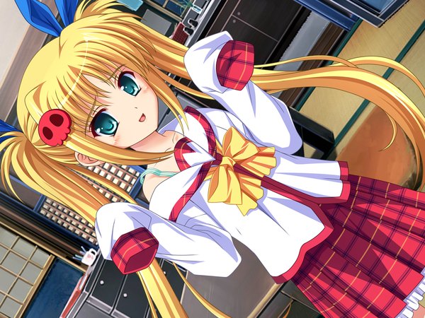 Anime picture 1024x768 with gratin (game) blonde hair twintails green eyes game cg girl serafuku
