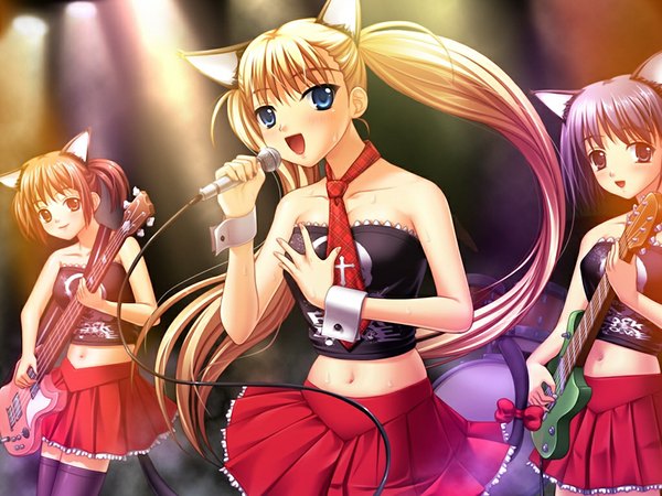 Anime picture 1024x768 with oni chichi akizuki airi open mouth blue eyes blonde hair smile brown hair twintails bare shoulders multiple girls animal ears game cg purple hair tail midriff hand on chest short twintails singing girl thighhighs