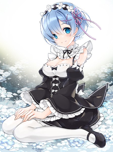 Anime picture 746x1000 with re:zero kara hajimeru isekai seikatsu white fox rem (re:zero) juna single tall image fringe short hair blue eyes blue hair maid girl dress uniform ribbon (ribbons) hair ribbon detached sleeves frills headdress maid headdress