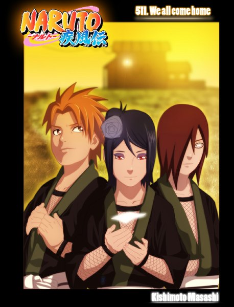 Anime picture 840x1100 with naruto studio pierrot naruto (series) konan nagato (naruto) yahiko (naruto) benderzz tall image fringe short hair black hair smile red eyes brown eyes red hair traditional clothes japanese clothes hair flower sunlight hair over one eye