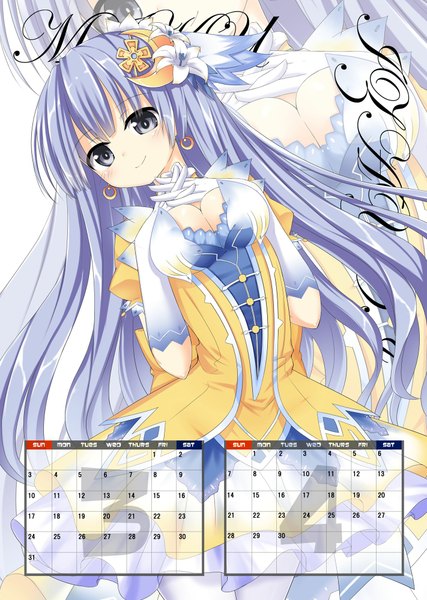 Anime picture 1422x2000 with date a live izayoi miku sigemi single long hair tall image looking at viewer light erotic smile blue hair cleavage hair flower grey eyes girl dress gloves hair ornament flower (flowers) calendar