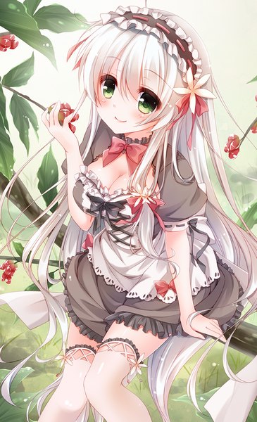 Anime picture 656x1079 with original rinka (yuyutei) single tall image looking at viewer blush fringe breasts light erotic smile hair between eyes sitting holding green eyes cleavage silver hair very long hair head tilt multicolored hair lips