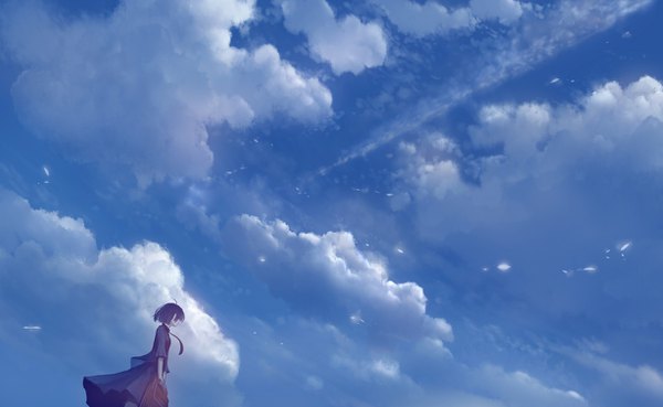 Anime picture 1228x756 with original bounin single short hair wide image looking away sky purple hair cloud (clouds) ahoge girl
