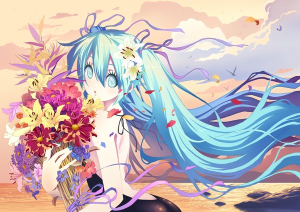 Anime picture 1600x1131 with vocaloid hatsune miku diamond dust single open mouth twintails bare shoulders sky cloud (clouds) very long hair aqua eyes aqua hair evening sunset girl dress flower (flowers) ribbon (ribbons) petals sea