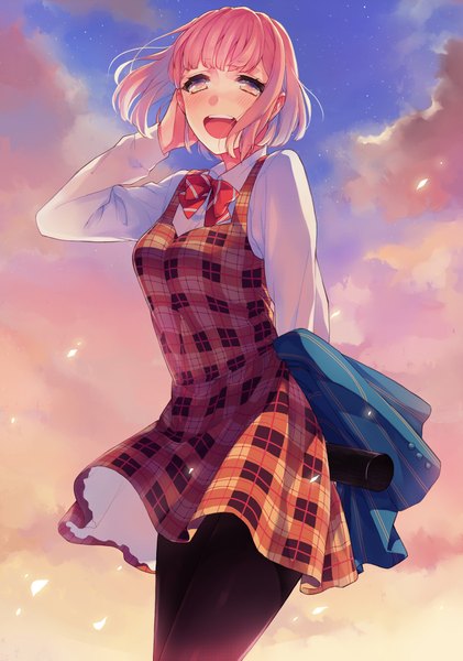 Anime picture 1404x2003 with uta no prince-sama a-1 pictures nanami haruka (uta no prince-sama) konnyaku yukko single tall image looking at viewer blush fringe short hair open mouth yellow eyes pink hair sky cloud (clouds) wind spring girl dress uniform