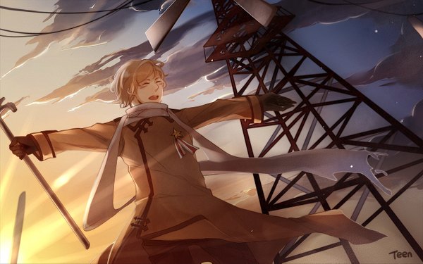 Anime picture 1440x901 with axis powers hetalia studio deen russia (hetalia) single short hair open mouth blonde hair wide image sky cloud (clouds) eyes closed boy gloves scarf coat power lines medal stick