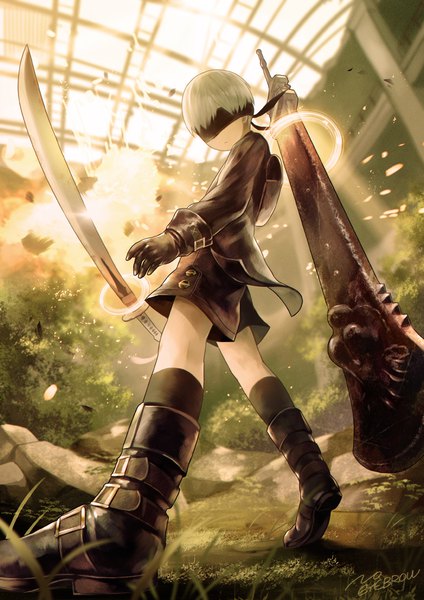 Anime picture 707x1000 with nier nier:automata yorha no. 9 type s noeyebrow single tall image short hair standing signed full body white hair indoors long sleeves looking back from behind sunlight sparkle from below depth of field magic