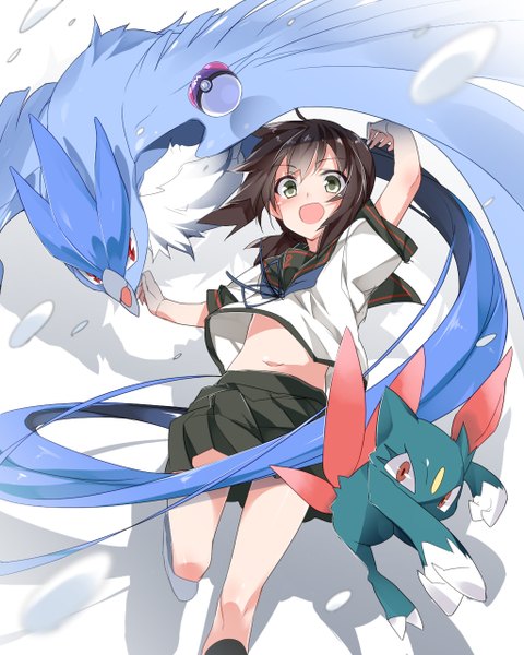 Anime picture 1024x1280 with kantai collection pokemon nintendo fubuki destroyer articuno sneasel mtu (orewamuzituda) long hair tall image looking at viewer blush fringe open mouth brown hair white background green eyes ahoge bent knee (knees) arm up bare belly