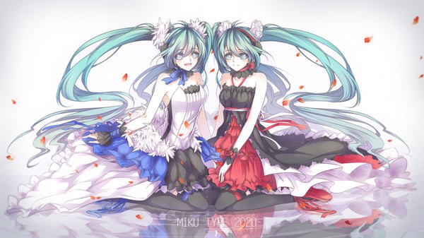 Anime picture 1920x1080 with 7th dragon 2020 vocaloid hatsune miku kicchan looking at viewer blush fringe highres open mouth blue eyes smile hair between eyes wide image sitting twintails bare shoulders multiple girls bent knee (knees) very long hair aqua hair