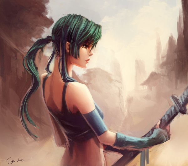 Anime picture 2000x1774 with original senryuji single long hair highres bare shoulders ponytail profile green hair lips sketch girl gloves weapon sword katana